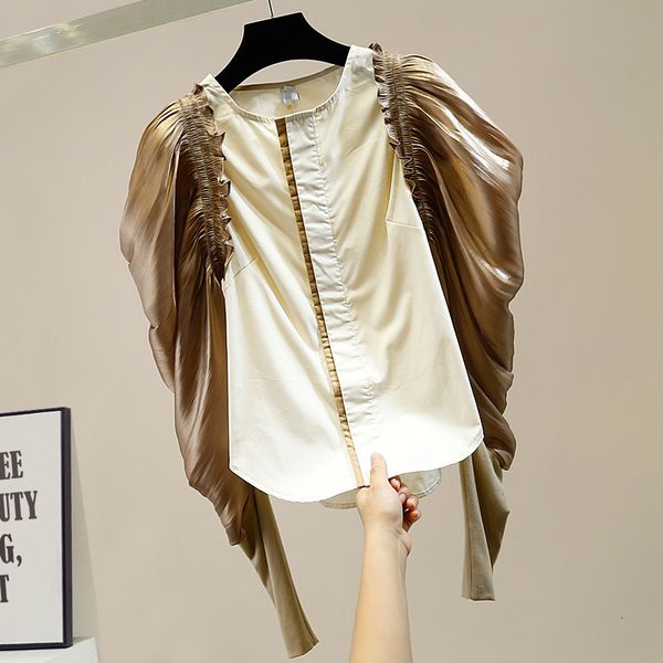 2021 autumn new female fashion stitch plissated puff long single irregular sleeve breasted around the shredde kxew, White
2021 autumn new female fashion stitch plissated puff long single irregular sleeve breasted around the shredde kxew, White