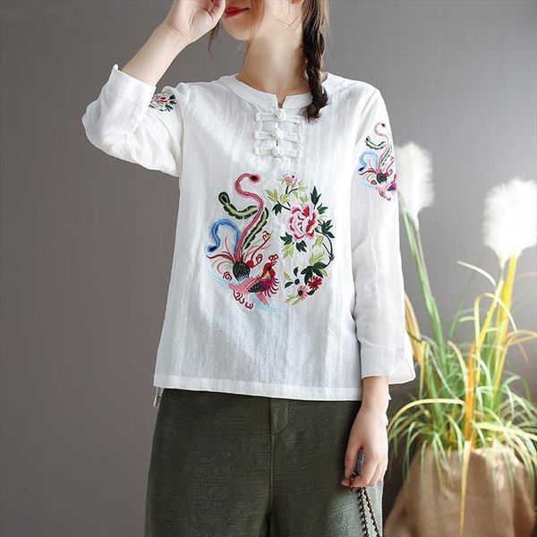plus size cotton linen women shirt casual chinese phoenix vintage embroidery long sleeve, White
plus size cotton linen women shirt casual chinese phoenix vintage embroidery long sleeve, White