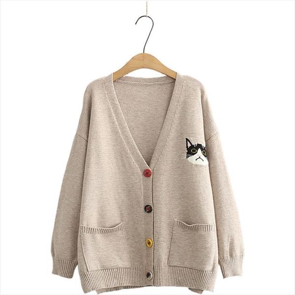 women cardigans cartoon cat embroidery sweaters casual knitted winter long sleeve v neck multicolor button preppy style top, White;black
women cardigans cartoon cat embroidery sweaters casual knitted winter long sleeve v neck multicolor button preppy style top, White;black