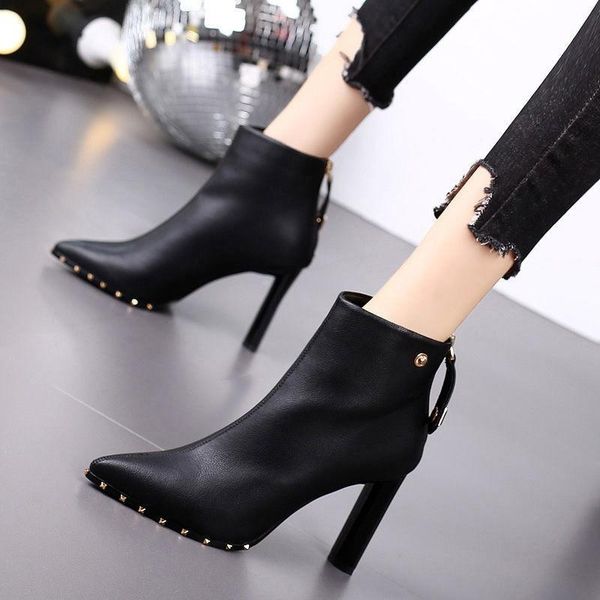 dress shoes pointed toe pu warm ankle boots for women fashion short autumn rubber thin heels pumps high, Black