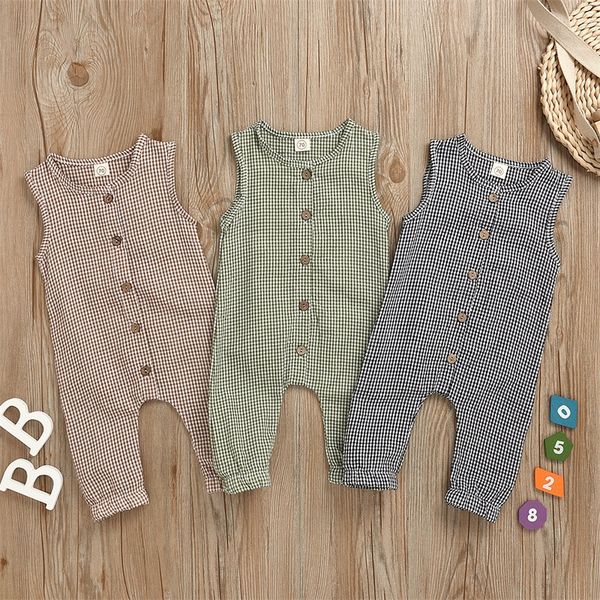 lattice baby rompers infant plaid sleeveless jumpsuits toddler button onesies 95% cotton summer clothes 060728 179 y2, Blue