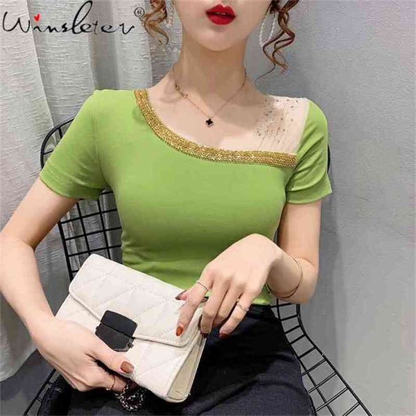 spring summer korean style cotton t-shirt fashion skew collar shiny diamonds mesh women short sleeve tees t12922a 210708, White
spring summer korean style cotton t-shirt fashion skew collar shiny diamonds mesh women short sleeve tees t12922a 210708, White