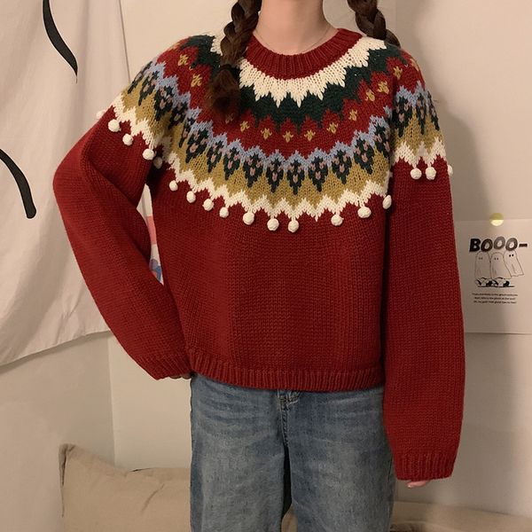 2021 new college style retro loose christmas warm color matching sweater women nwc9, White;black
2021 new college style retro loose christmas warm color matching sweater women nwc9, White;black