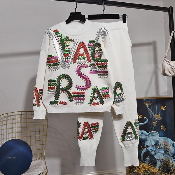 women's two piece pants autumn winter 2 set women embroidery sequin long sleeve knitted sweater + little feet fashion tracksuit sets h1, White
women's two piece pants autumn winter 2 set women embroidery sequin long sleeve knitted sweater + little feet fashion tracksuit sets h1, White