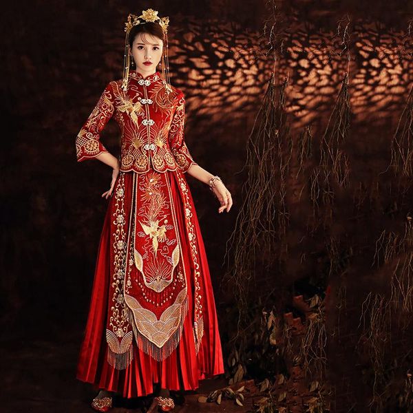 xs-3xl traditional bride wedding party chinese dresses exquisite embroidery phoenix toast qipao gown flare sleeve satin dress, Red
xs-3xl traditional bride wedding party chinese dresses exquisite embroidery phoenix toast qipao gown flare sleeve satin dress, Red