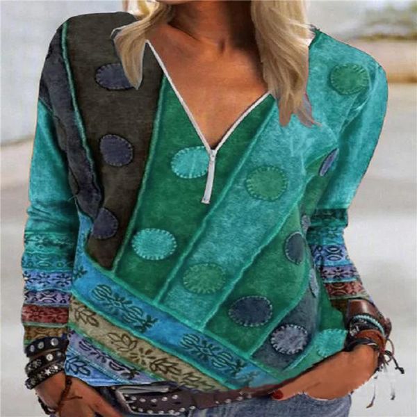 women's t-shirt zipper v-neck shirt work women spring summer vintage printed casual mujer blusas, White
women's t-shirt zipper v-neck shirt work women spring summer vintage printed casual mujer blusas, White