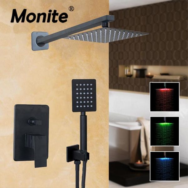 monite matte black bathroom shower set 8~16 inch led shower head rainfall & hand spray black wall mounted faucet