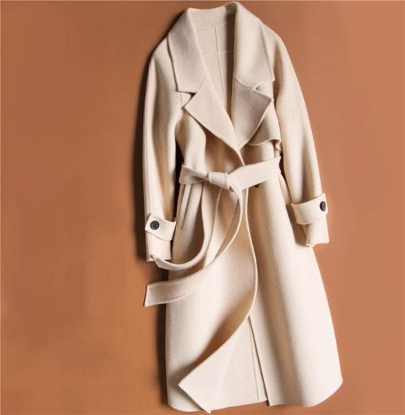 women's wool & blends beige white coat long cashmere knee length double faced overcoat 100% sashes thick windbreaker, Black
women's wool & blends beige white coat long cashmere knee length double faced overcoat 100% sashes thick windbreaker, Black