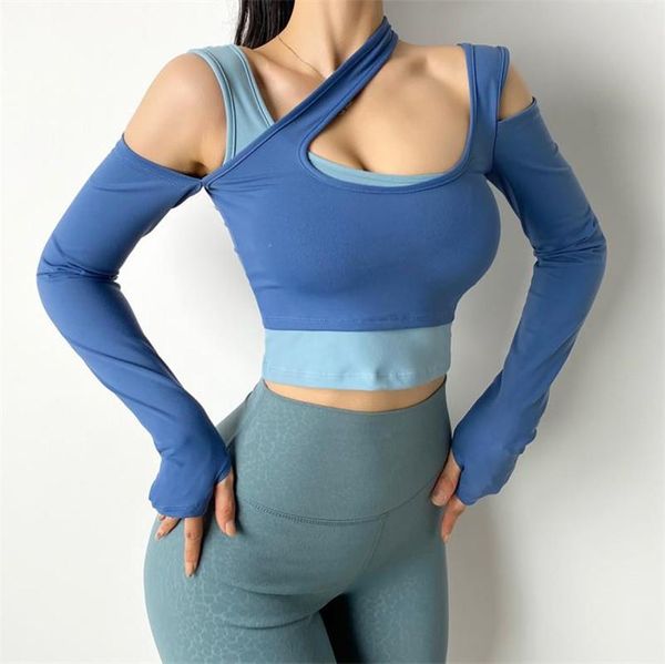 yoga outfits 2021 fake two piece off shoulder patchwork design women sports gym crop exercise long sleeve workout t shirts, White;red
yoga outfits 2021 fake two piece off shoulder patchwork design women sports gym crop exercise long sleeve workout t shirts, White;red