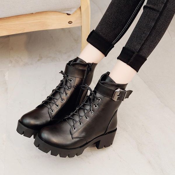 thick-heeled belt buckle waterproof table new boots women's anti-slip boots, Black