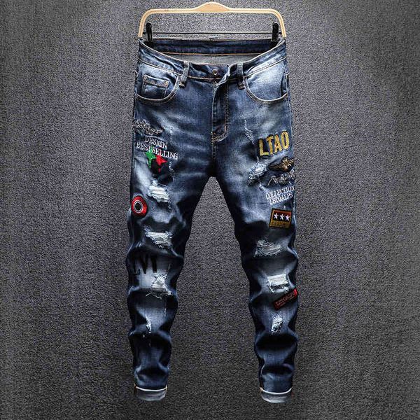 jeans pierced slim pants men's embroidered leggings elastic badge, Blue 
jeans pierced slim pants men's embroidered leggings elastic badge, Blue