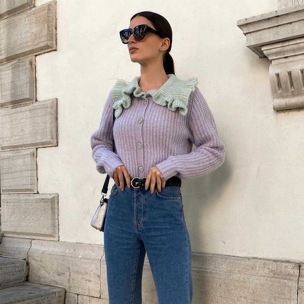 women knit cardigan gem buttons contrast ruffled collar long sleeves casual fashion chic woman knitted sweater 210709, White;black
women knit cardigan gem buttons contrast ruffled collar long sleeves casual fashion chic woman knitted sweater 210709, White;black