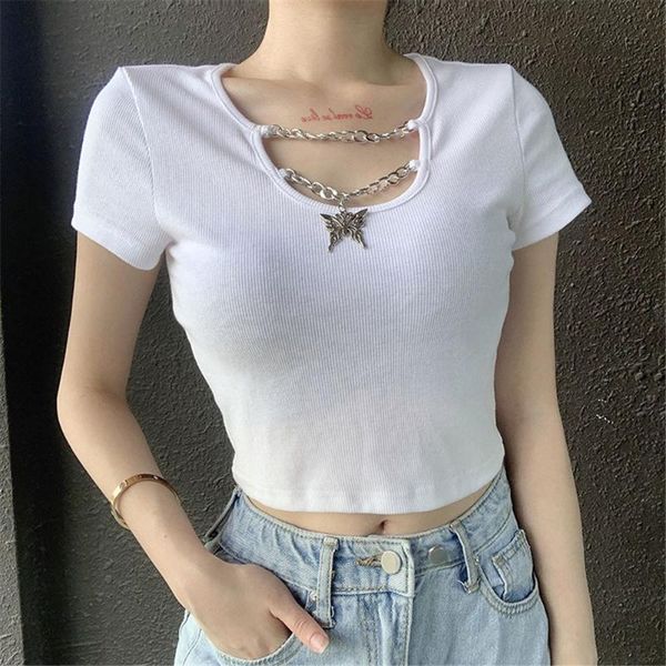 women's t-shirt summer women white slim knitwear solid color short sleeve u-neck casual crop tee with butterfly decor l
women's t-shirt summer women white slim knitwear solid color short sleeve u-neck casual crop tee with butterfly decor l