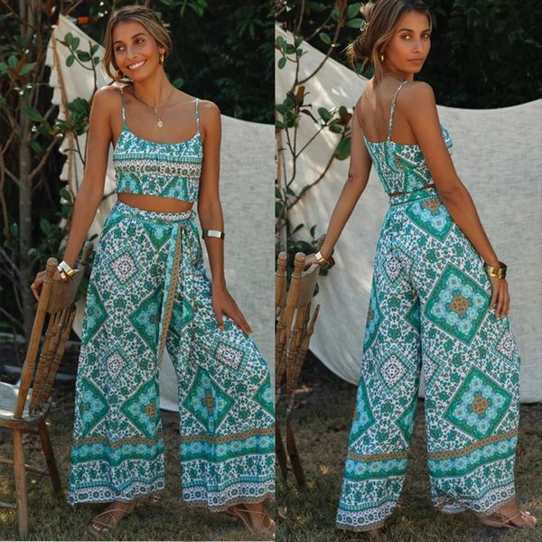 blue printed two piece clothes womenpant sets sleeveless straps camis high waist lace up wide leg boho female outfits, White
blue printed two piece clothes womenpant sets sleeveless straps camis high waist lace up wide leg boho female outfits, White
