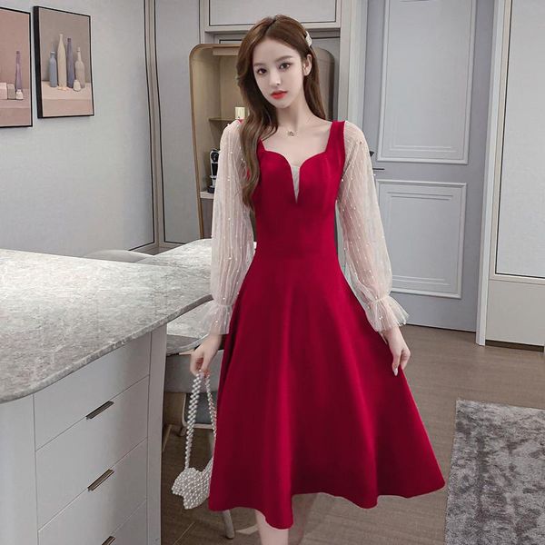 casual dresses #5351 spring autumn black red midi dress women spliced mesh long sleeved elegant high waist a-line korean fashion, Black;gray
casual dresses #5351 spring autumn black red midi dress women spliced mesh long sleeved elegant high waist a-line korean fashion, Black;gray