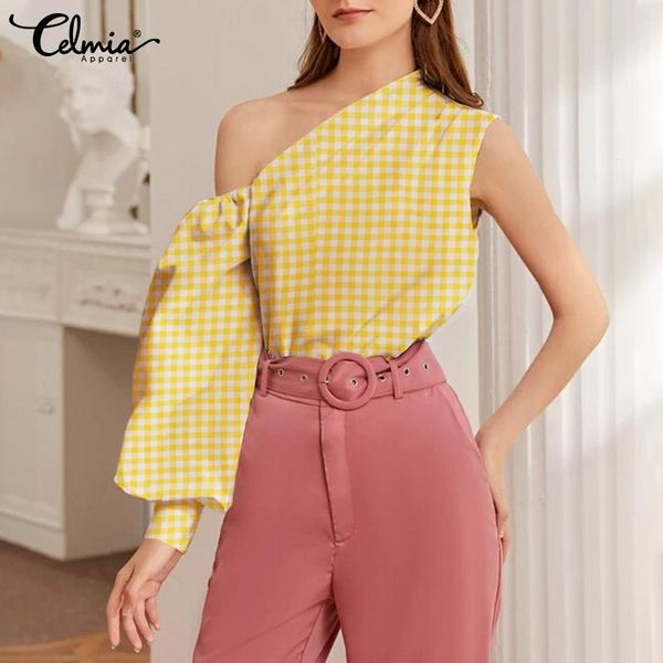 women's blouses & shirts celmia 2021 asymmetric shirt summer womens plaid print one off shoulder lantern long sleeve casual s-5xl, White
women's blouses & shirts celmia 2021 asymmetric shirt summer womens plaid print one off shoulder lantern long sleeve casual s-5xl, White