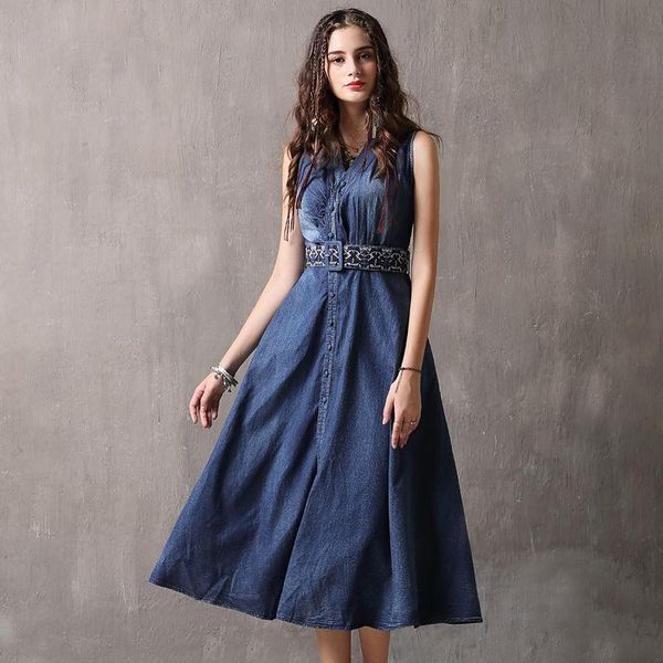 women denim dress sleeveless high waist embroidery summer retro dresses single breasted elegant party dress ta82093, Black;gray
women denim dress sleeveless high waist embroidery summer retro dresses single breasted elegant party dress ta82093, Black;gray