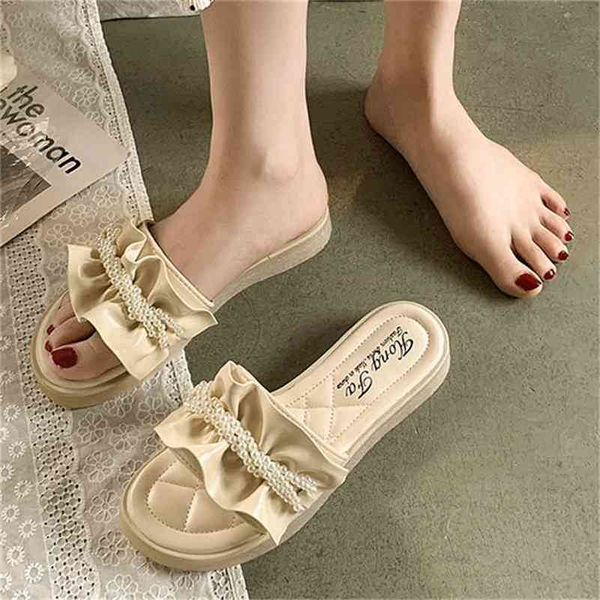 women summer elegant fashion slippers pearl string bead leather ruffles platform flat open toe outdoor beach slides ladies shoes 210619, Black
women summer elegant fashion slippers pearl string bead leather ruffles platform flat open toe outdoor beach slides ladies shoes 210619, Black