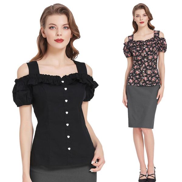 women shirts summer cold shoulder cotton shirts short sleeve square neck buttons decorated fashion print slim shirt, White
women shirts summer cold shoulder cotton shirts short sleeve square neck buttons decorated fashion print slim shirt, White