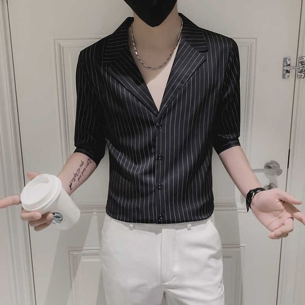summer lapel striped shirt men fashion slim short sleeve casual shirt business social dress shirts streetwear men clothes 210527, White;black 
summer lapel striped shirt men fashion slim short sleeve casual shirt business social dress shirts streetwear men clothes 210527, White;black