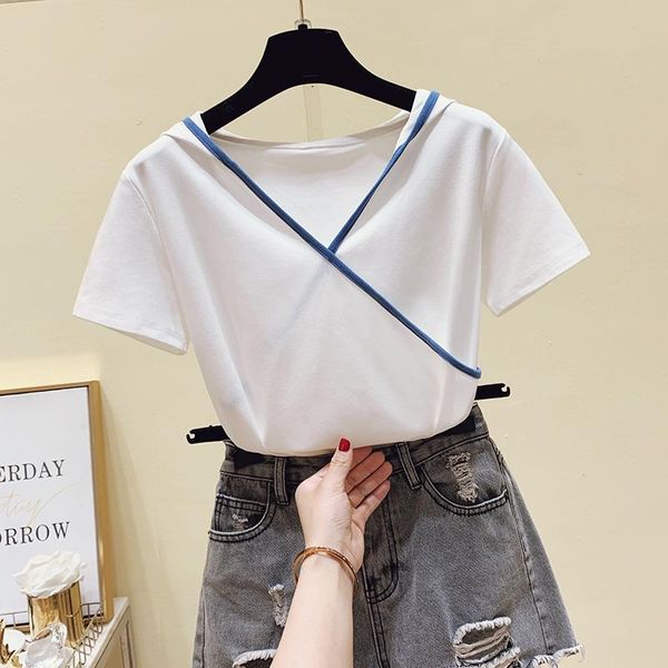 women's t-shirt 2021 fashion cotton patchwork solid women high luxury summer casual slim hooded short-sleeved tees top, White
women's t-shirt 2021 fashion cotton patchwork solid women high luxury summer casual slim hooded short-sleeved tees top, White