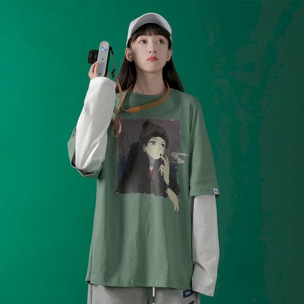 female cotton t-shirt 2021 early autumn medium version long sleeve loose bf college fake style two pieces of thin wild ins p67l, White
female cotton t-shirt 2021 early autumn medium version long sleeve loose bf college fake style two pieces of thin wild ins p67l, White