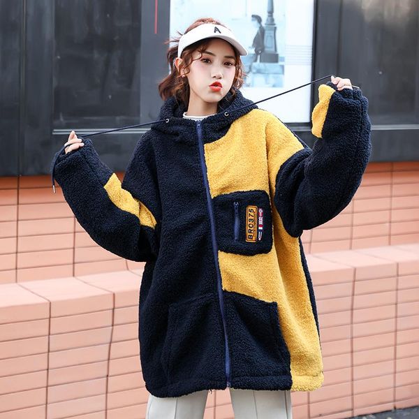 women's wool & blends lamb coat women autumn and winter loose hooded stitching wind plush fleece top, Black
women's wool & blends lamb coat women autumn and winter loose hooded stitching wind plush fleece top, Black