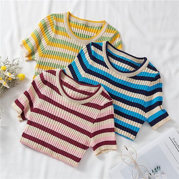 women stripe round neck slim knitted pullover t-shirt sweater 2021 spring summer fashion short sleeve chic soft pull femme, White
women stripe round neck slim knitted pullover t-shirt sweater 2021 spring summer fashion short sleeve chic soft pull femme, White