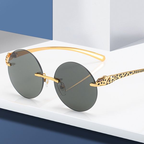 2021 new rimless wafer sun men's and women's leopard head paint legs personalized fashion glasses, White;black
2021 new rimless wafer sun men's and women's leopard head paint legs personalized fashion glasses, White;black