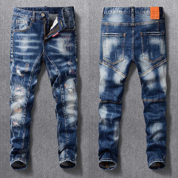 men's jeans american streetwear fashion men retro blue ripped elastic slim fit embroidery patchwork designer hip hop denim pants 4
men's jeans american streetwear fashion men retro blue ripped elastic slim fit embroidery patchwork designer hip hop denim pants 4