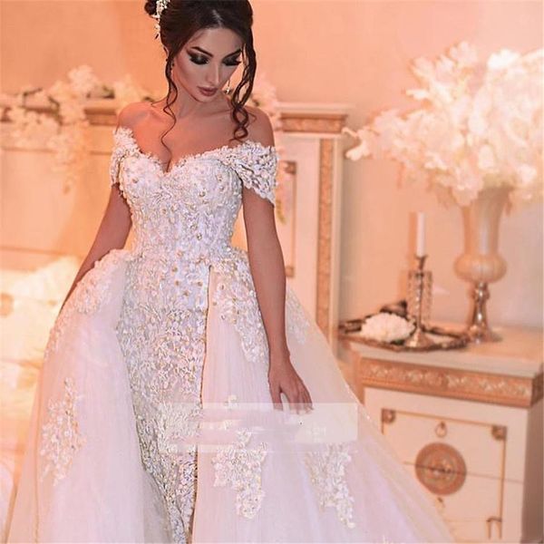 modern arabic church wedding dresses a line with detachable train overskirt lace appliuqes off shoulder plus size long tulle wedding dress, White
modern arabic church wedding dresses a line with detachable train overskirt lace appliuqes off shoulder plus size long tulle wedding dress, White