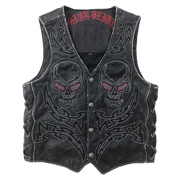 men's vests 2021 black men skulls embroidery motorcycle leather vest plus size 5xl genuine cowhide short biker's, Black;white
men's vests 2021 black men skulls embroidery motorcycle leather vest plus size 5xl genuine cowhide short biker's, Black;white