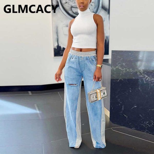 casual ripped patchwork denim pants slim jeans 210702, Blue