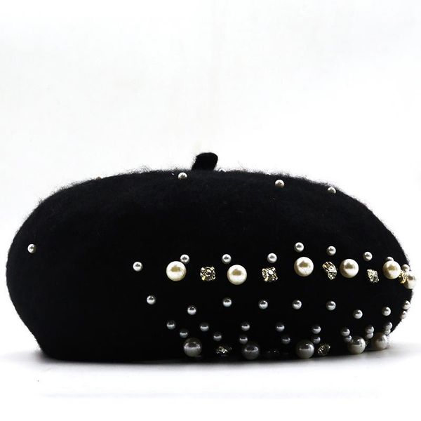 berets japanese korean version of autumn and winter black wool beret painter hat pearl bright diamond lady stewardess female, Blue;gray 
berets japanese korean version of autumn and winter black wool beret painter hat pearl bright diamond lady stewardess female, Blue;gray