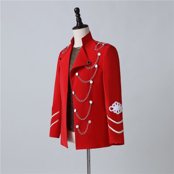new mens stand collar chain button red blazer bar nightclub punk singer guest stage show costume evening party host slim blazer, Black;red
new mens stand collar chain button red blazer bar nightclub punk singer guest stage show costume evening party host slim blazer, Black;red