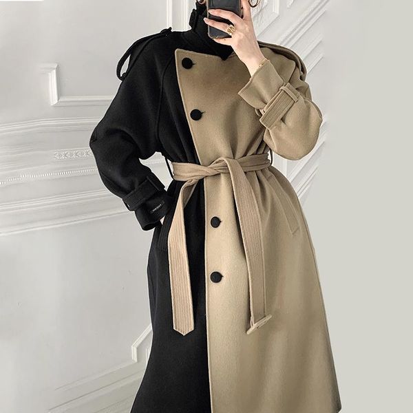 women's wool & blends 2021 women winter patchwork long cashmere coat jacket waistbelt double breasted slim waist a-line woolen overcoat, Black
women's wool & blends 2021 women winter patchwork long cashmere coat jacket waistbelt double breasted slim waist a-line woolen overcoat, Black