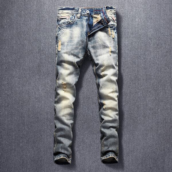 2021 new italian style fashion men jeans slim fit ripped hip hop denim trousers retro wash vintage designer long pants homme py, Blue
2021 new italian style fashion men jeans slim fit ripped hip hop denim trousers retro wash vintage designer long pants homme py, Blue
