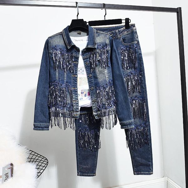 women's tracksuits 2021 spring and autumn fashion sequined tassel jeans jacket coat + denim trousers two-piece female casual pants suit, Gray
women's tracksuits 2021 spring and autumn fashion sequined tassel jeans jacket coat + denim trousers two-piece female casual pants suit, Gray