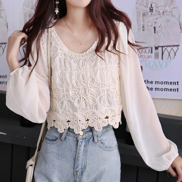 women's t-shirt 2021 summer french design crocheted long-sleeved chiffon short shirt top, White
women's t-shirt 2021 summer french design crocheted long-sleeved chiffon short shirt top, White