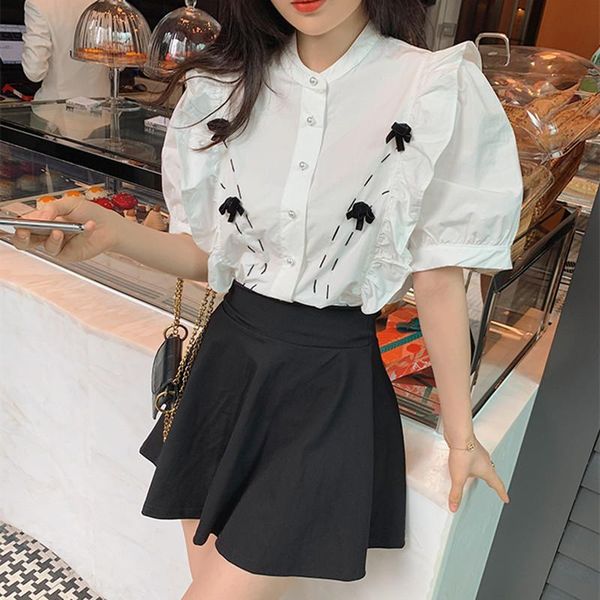 women's t-shirt 2021 summer office lady bow puff sleeve clothing short white single breasted round neck shirt
women's t-shirt 2021 summer office lady bow puff sleeve clothing short white single breasted round neck shirt
