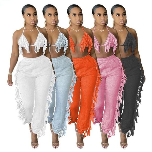 women's two piece pants summer 2021 fashion sets women solid tassel sleeveless bandage halter bra long streetwear clubwear, White
women's two piece pants summer 2021 fashion sets women solid tassel sleeveless bandage halter bra long streetwear clubwear, White