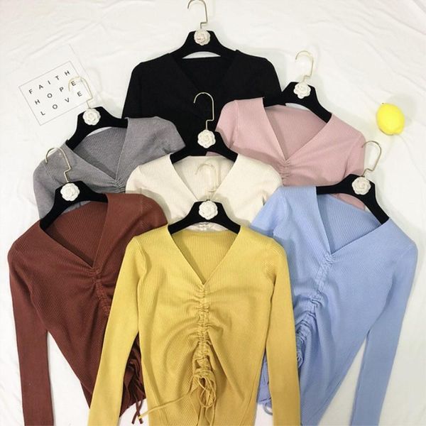 women's sweaters v-neck solid drawstring knitted pullovers women high street slim fit strappy autumn knitwear ladies casual cws0199-5, White;black
women's sweaters v-neck solid drawstring knitted pullovers women high street slim fit strappy autumn knitwear ladies casual cws0199-5, White;black