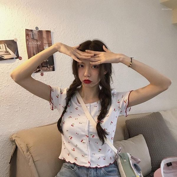 women's t-shirt women short sleeve shirt knit floral ladies crop cherry print o neck knitted cute tees female buttoned up, White
women's t-shirt women short sleeve shirt knit floral ladies crop cherry print o neck knitted cute tees female buttoned up, White