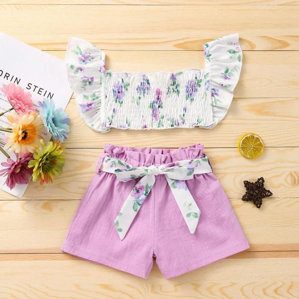 clothing sets fashion toddler girls casual outfits summer baby sleeve ruffles bow shorts baby's elegant floral clothes, White 
clothing sets fashion toddler girls casual outfits summer baby sleeve ruffles bow shorts baby's elegant floral clothes, White