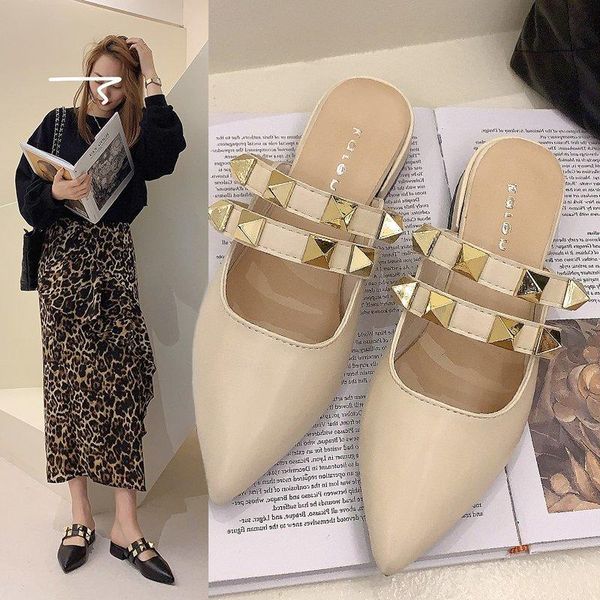 rivet strap pointed toe flat shoes women mule slippers rocker style slip on comfy slide design 2021 spring footwear, Black
rivet strap pointed toe flat shoes women mule slippers rocker style slip on comfy slide design 2021 spring footwear, Black