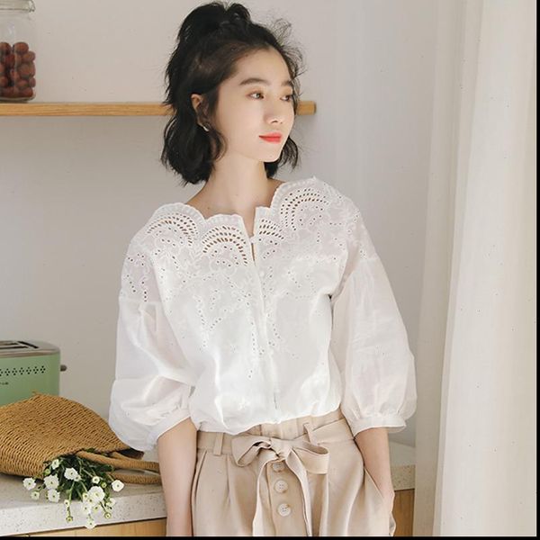 summer vintage white lacing hollow out shirt women slash neck puff sleeve loose slim female top
summer vintage white lacing hollow out shirt women slash neck puff sleeve loose slim female top