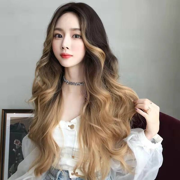 

Newest in stock Hair Wigs golden hand roll wig female long curly hair full head set natural fluffy curls big wave fashion temperament whole, Gradient golden brown