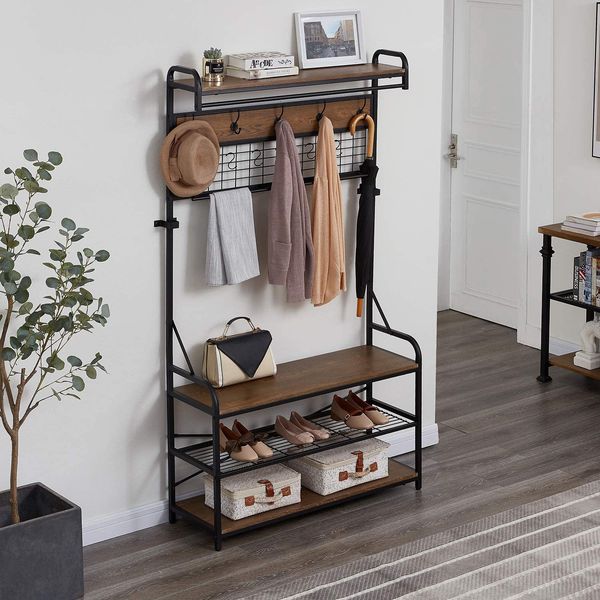 5-in-1 entryway hall tree with shoe bench, coat rack with 11 hooks and 2 hanging rods, grid panel for memo and p display, brown finish
5-in-1 entryway hall tree with shoe bench, coat rack with 11 hooks and 2 hanging rods, grid panel for memo and p display, brown finish