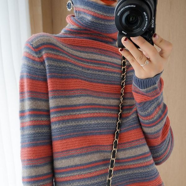 new winter pure wool turtleneck female thickening years render stripe cashmere sweater in western style, White;black
new winter pure wool turtleneck female thickening years render stripe cashmere sweater in western style, White;black
