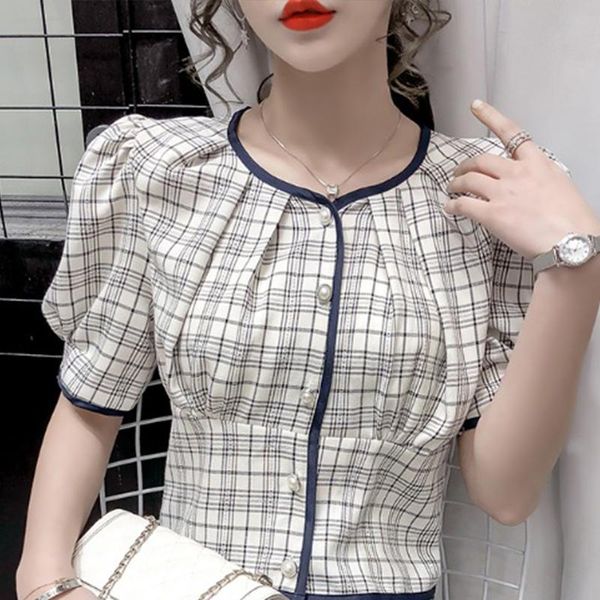 vintage round neck plaid blouse elegant single breasted short puff sleeve short casual slim female shirt korean new fashion, White
vintage round neck plaid blouse elegant single breasted short puff sleeve short casual slim female shirt korean new fashion, White